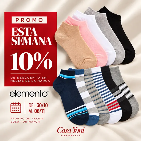 Promo de la semana: 10% de descuento en medias de la marca Elemento, del 30/10 al 06/11, solo por mayor
